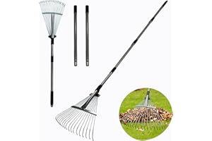 YIPINVE Garden Rake for Leaves, Metal Leaf Rake for Lawns with Adjustable Handle 【34"-68"】 & Folding Head 【8"-17"】，for Lawns, Yards, Leaves, Gardening