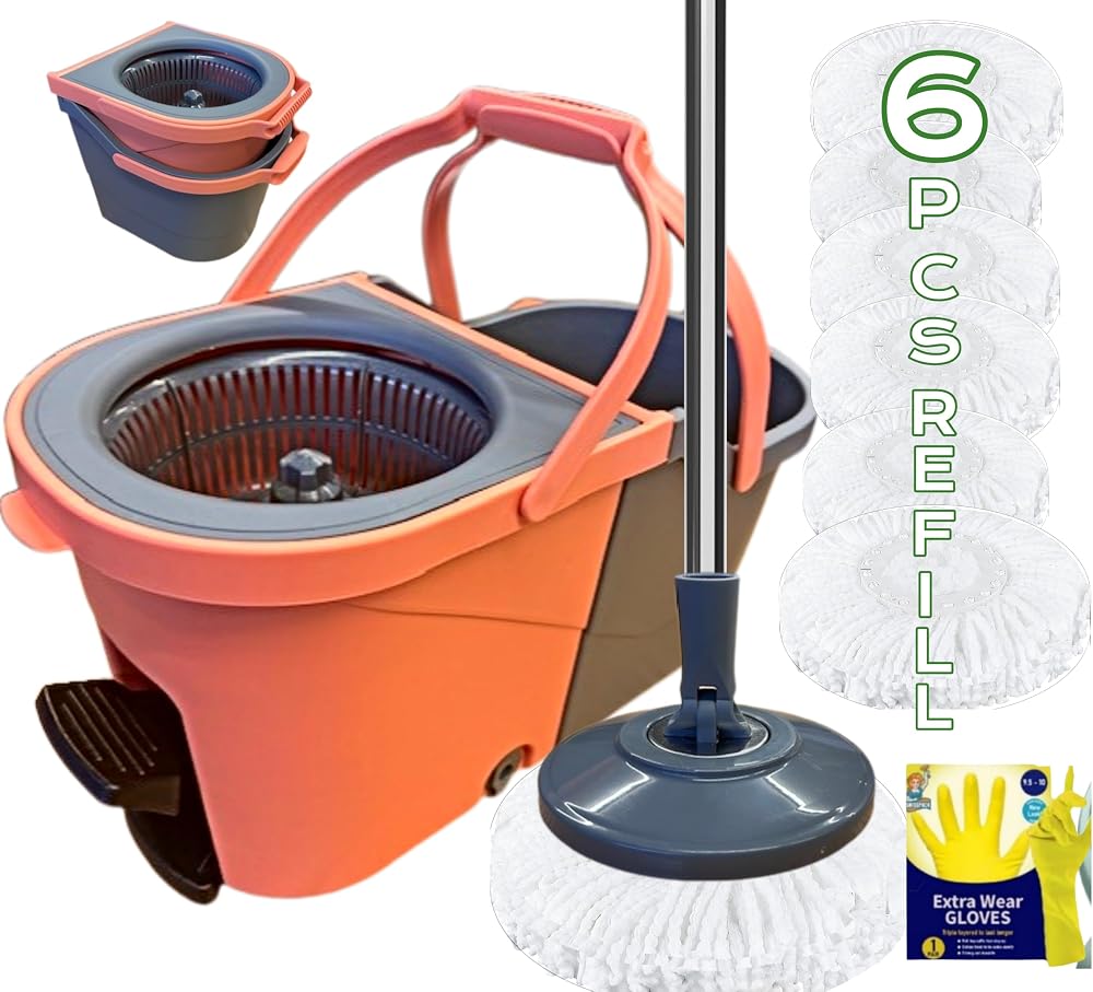 SWISSPACK Revolving Spin Mop and Bucket Set Orange Grey with Extra Pads