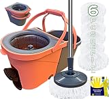 SWISSPACK Revolving Spin Mop and Bucket Set Orange Grey with Extra Pads