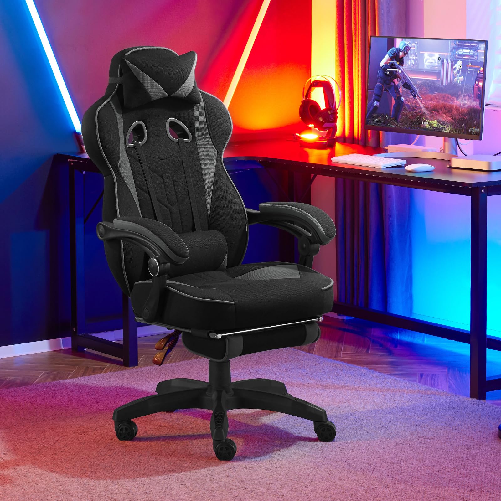 WOLTU Gaming Stuhl Stoff Stoff Kühl im Sommer Ergonomischer, 150 kg Belastbarkeit Verstellbarer Rückenlehne, Ergonomische Lendenstütze, Fußstütze, Büro- & Game-Sessel, Schwarz+Grau