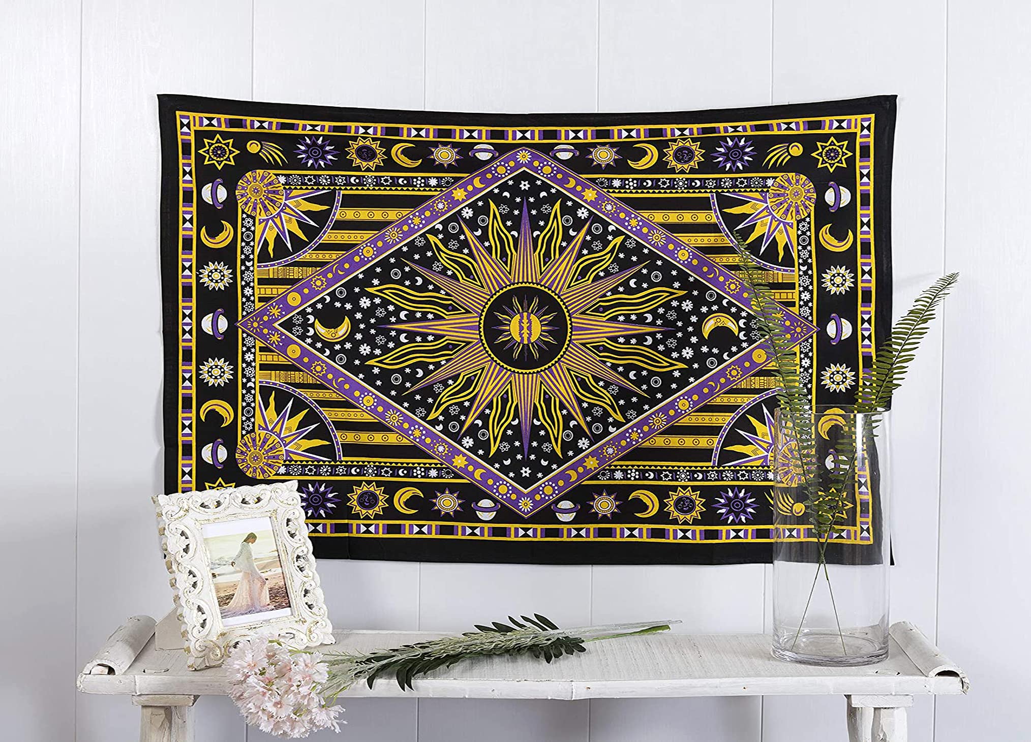 raajsee Burning Sun Yellow Tapestry Bedroom Aesthetic- Zodiac Mandala Tarot Tapestry Wall Hanging Cotton Celestial Wall Décor Burning Sun Tapestries Trippy - Boho Hippie 52x60 inch