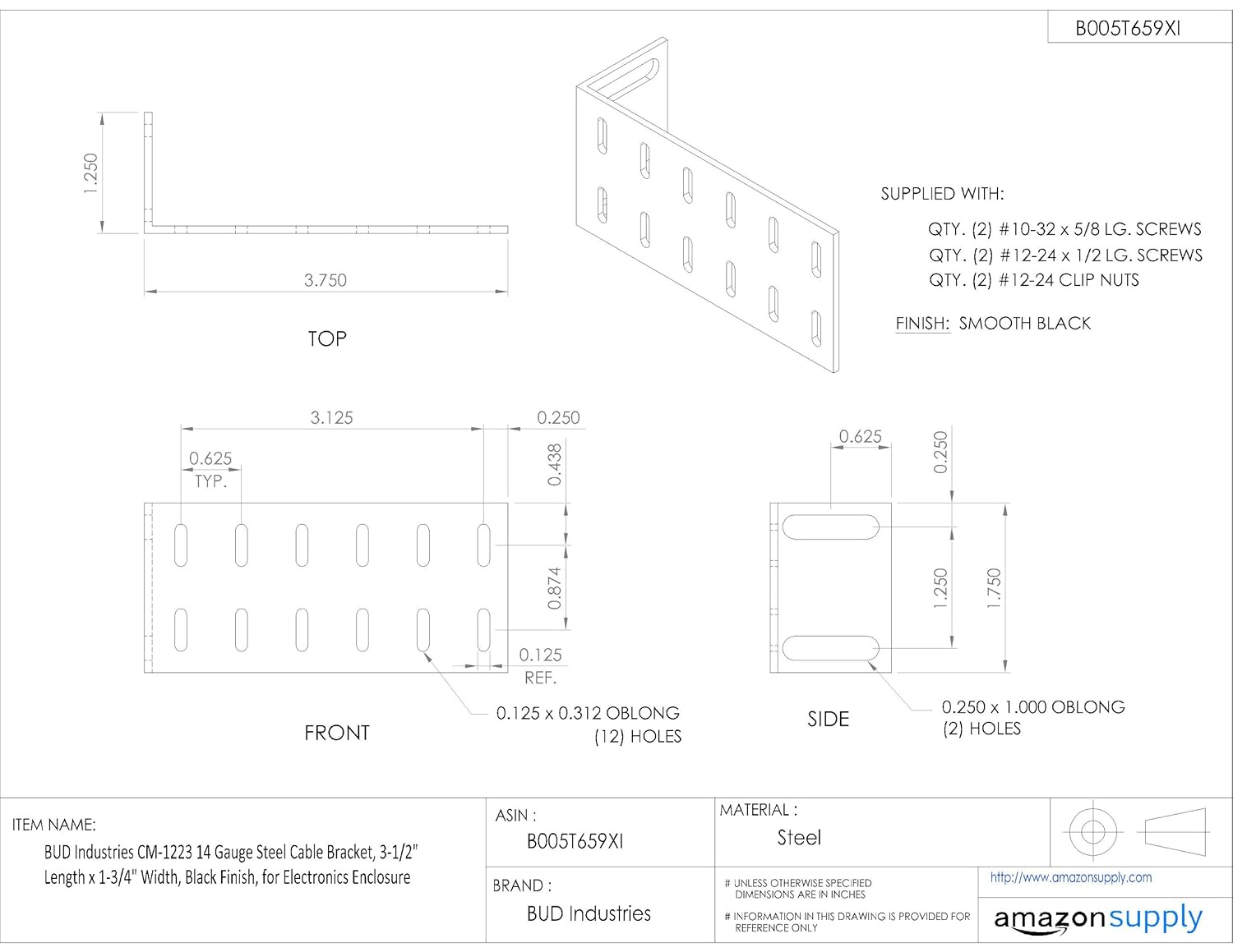 Electrical Boxes Conduits Fittings For Electronics Enclosure Bud Industries Cm 1223 14 Gauge Steel Cable Bracket 3 1 2 Length X 1 3 4 Width Black Finish Brackets
