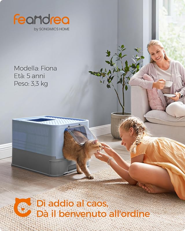 Lettiera per Gatti Nascosta, Casetta per Lettiera, Vassoio Estraibile, Paletta, Spazzola, Ampio per Gatti Grandi, Portata 15 kg, Meno Tracce, Blu Pallido e Grigio Tortora PPT001Q01