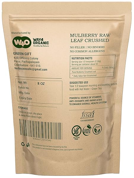 MULBERRY LEAF TEA 8 OZ, DRIED CRUSHED LEAVES, BEST CAFFEINE FREE TEA – WAY4ORGANIC (1 PACK)