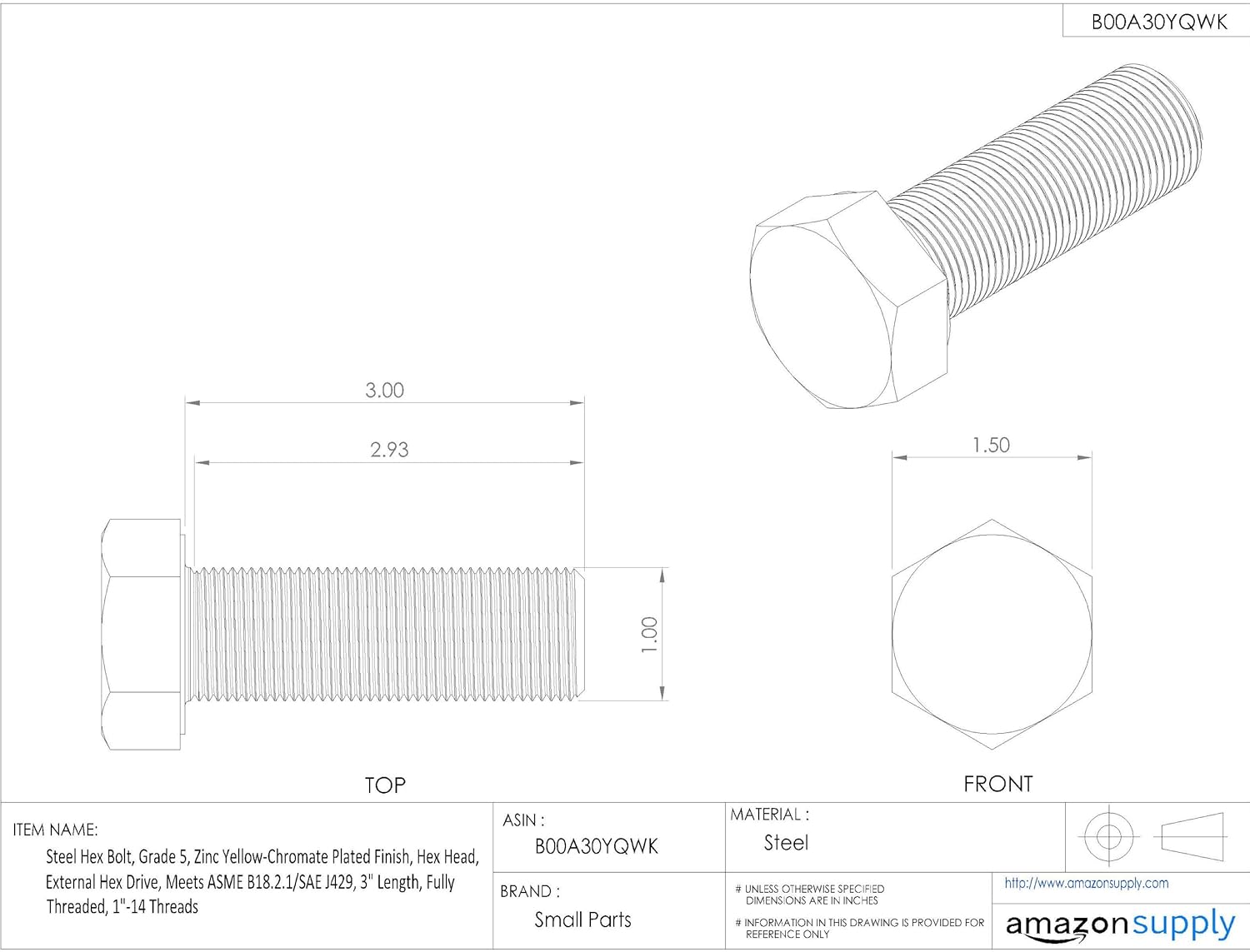 Hex Head Zinc YellowChromate Plated Finish Grade 5 Steel Hex Bolt 3