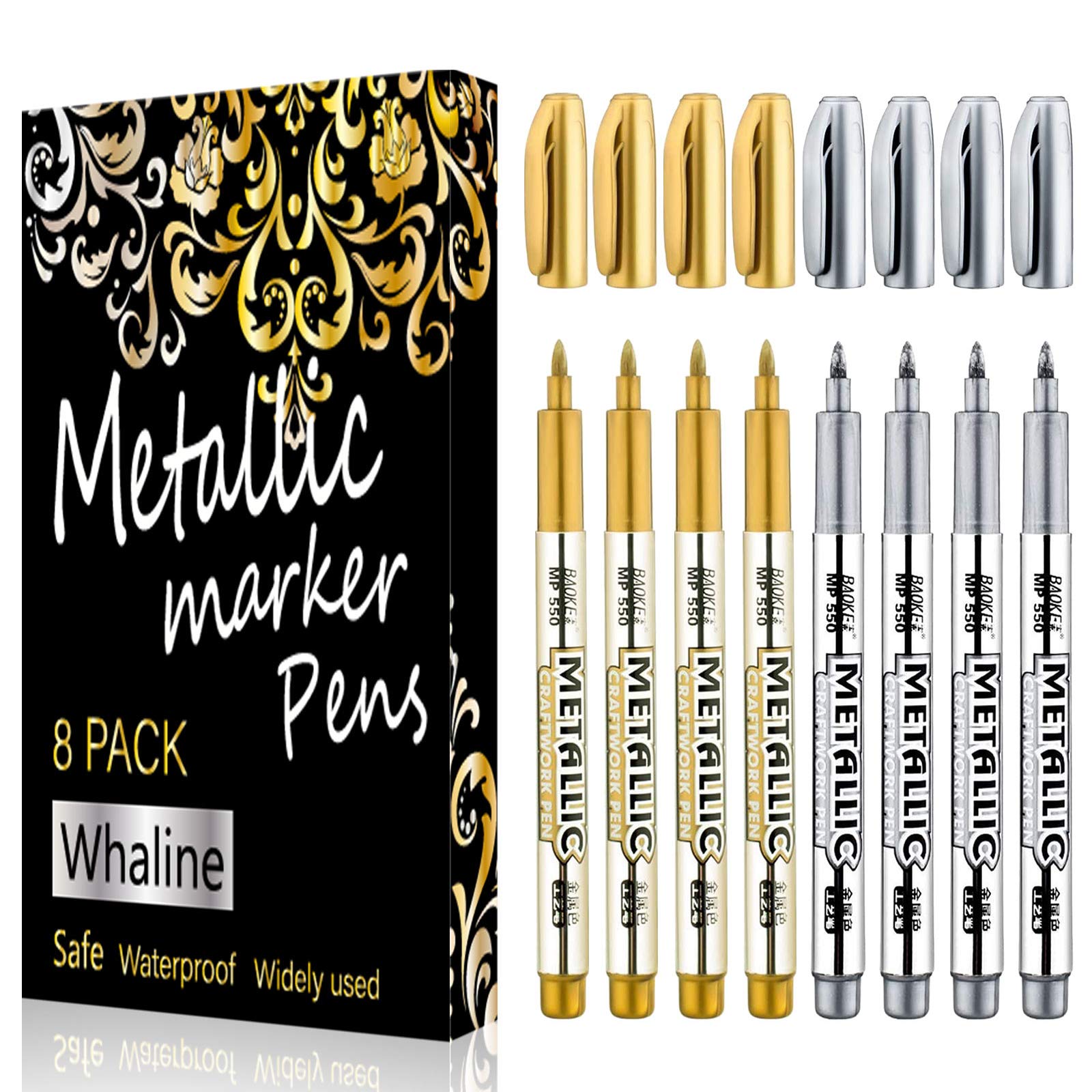Whaline Metallic Marker Pens, 8 Pcs Permanent Markers Pen for Back to School, Card Making, Scrapbooking Crafts, Wedding Guest Book(Gold and Silver)