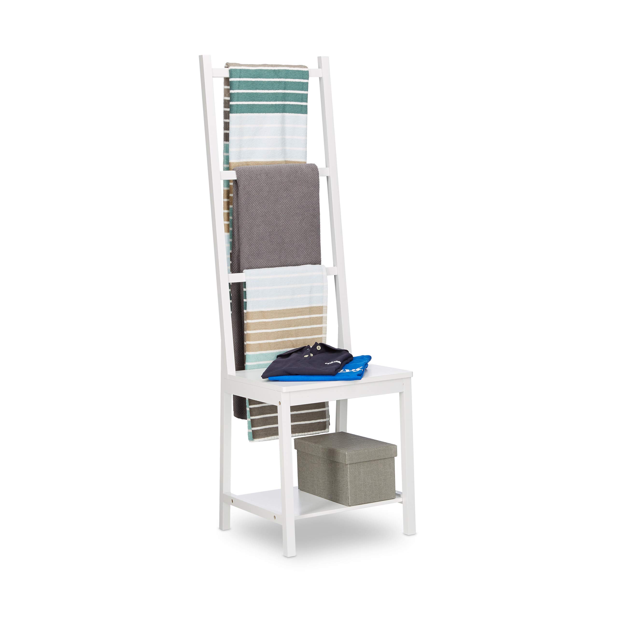 Relaxdays Towel Holder, Clothes Stand, Towel Rack, Valet Butler, Bathroom Chair, Bamboo, HxWxD: 133 x 40 x 42 cm, White