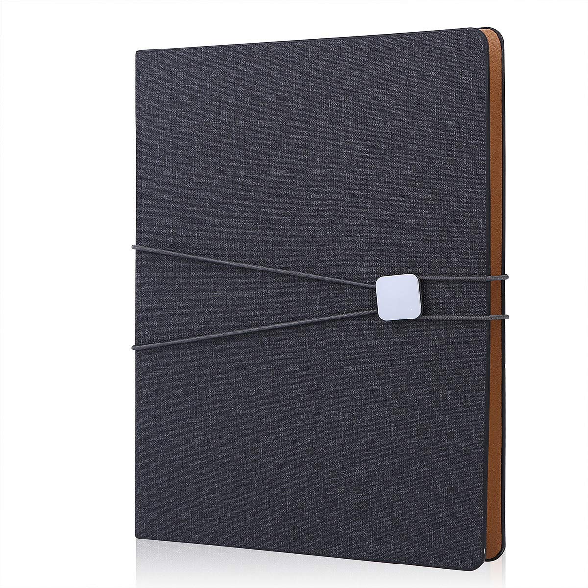 FOBOZONE A5 Linen Notebook, Refillable Loose Leaf Notebook Notepad,Classic Lined with Pocket,Elastic Band Design,100 Sheets of 100gsm Paper (Black)