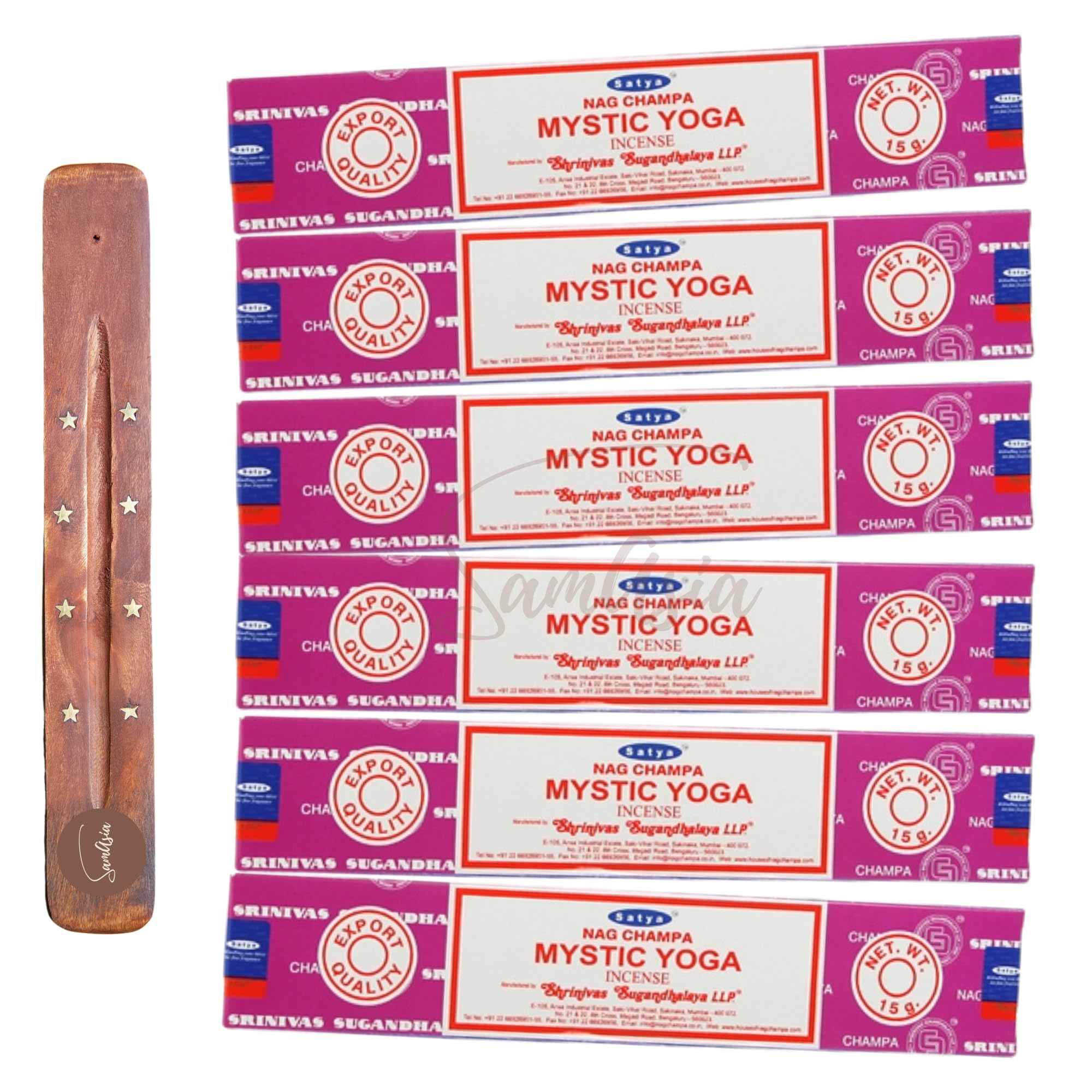 Satya Nag Champa Mystic Yoga Incense Sticks | x6 pack | with SAMASIA incense sticks holder | Used for Aromatherapy, Spa, Yoga, Weddings, Meditation, Healing, Positivity and Relaxation