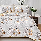 WONGS BEDDING Yellow Floral Quilt Set King Size, 3 Pieces Botanical Plants Pattern Bedspread Coverlet Set with 2 Pillowcases, Soft Lightweight Microfiber Bedding Set for All Season(104"×90")