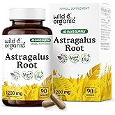 Wild & Organic Astragalus Capsules 1200 mg - Immune Support - Astragalus Root Powder Supplement - 45 Days of Supply - Vegan, No Fillers, Non-GMO - 90 Count