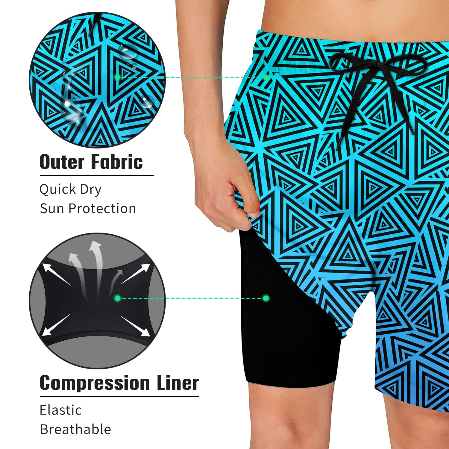 kids4ever Badehose für Jungen 10-12 Jahre Badeshorts Kompression Liner 2 in 1 Sommer Schnelltrocknend Boardshorts 3D Geometrie Elastische Taille Kurze Strandhose 3