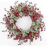 JINGHONG Artificial Christmas Wreath 20 Inch Christmas Wreaths for Front Door Red Berry Wreath with Holly Berries Leaves Pine Needles for Indoor Outdoor Xmas Winter Holidays