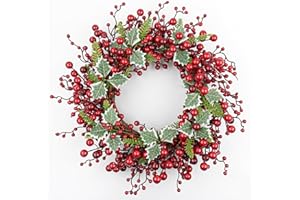 JINGHONG Artificial Christmas Wreath 20 Inch Christmas Wreaths for Front Door Red Berry Wreath with Holly Berries Leaves Pine Needles for Indoor Outdoor Xmas Winter Holidays