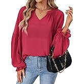 LYANER Women's Loose Casual V Neck Blouse Ruffle Trim Lantern Long Sleeve Shirt Top