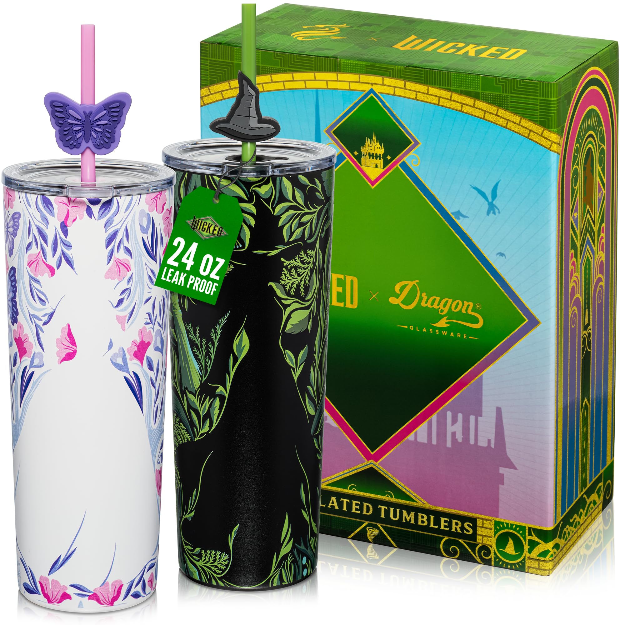 Dragon Glassware x Wicked: For Good 2-Pack 24 oz Vacuum Insulated Tumbler with Lid and Straw - Set of 2 Wicked Tumblers with 4 Straws and Toppers - Official Wicked Merch - Shadows Image