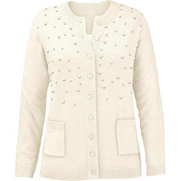 Collections Etc Women's Pearl Trimmed Button Front Cardigan