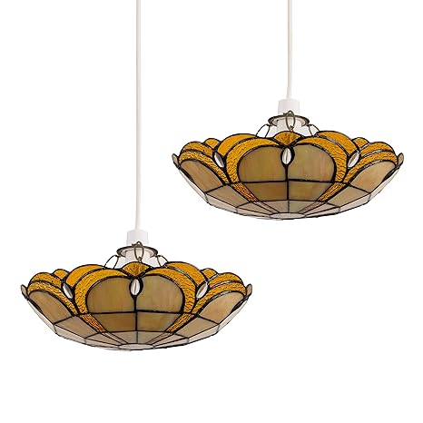 Pair Of Tiffany Style Amber Jewelled Glass Uplighter Design