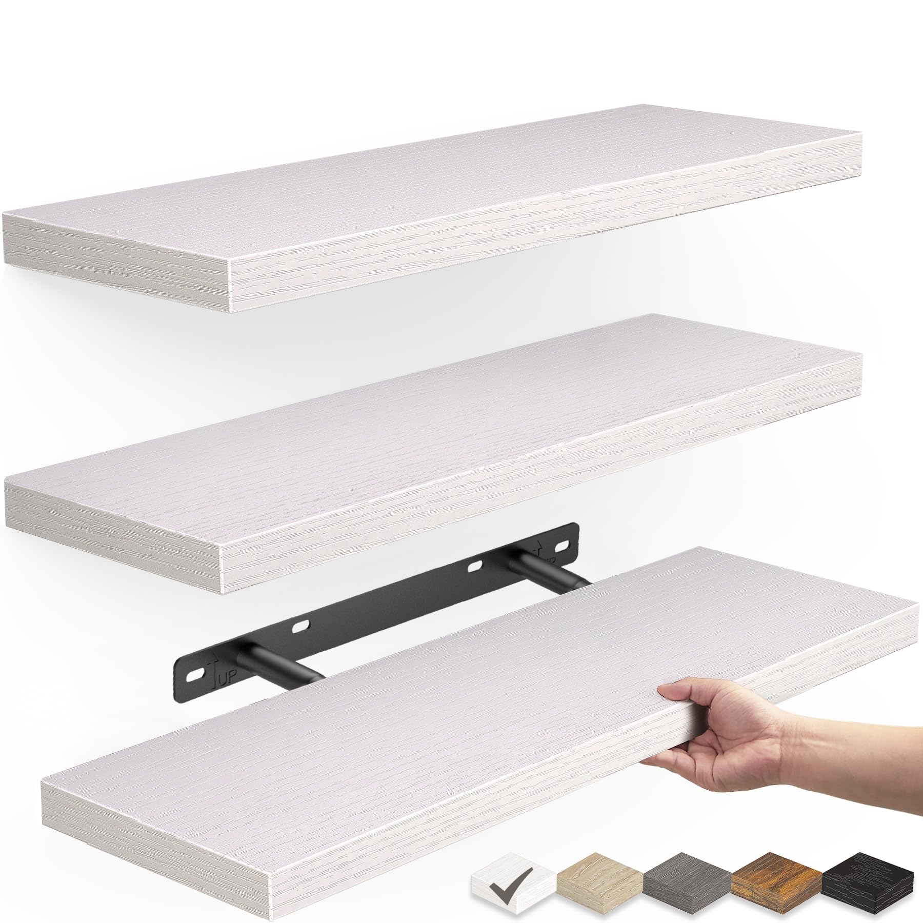 Photo 1 of BAYKA Floating Shelves for Wall – Rustic Wood Wall Shelves with Metal Brackets for Bathroom, Bedroom, Kitchen, or Living Room Decor Organization – White, Set of 3, Sturdy Storage with 22lb Capacity