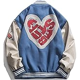 Vamtac Mens Varsity Baseball Jacket Letter Foaming Love Print Varsity Cotton Fur Coats Streetwear with Pocket