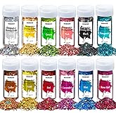 HEMOER Holographic Chunky Glitter, 12 Colors Sparkle Sequins, Mix Exclusive Polyester Glitter Set for Epoxy Resin, Tumblers,Crafts, Makeup, Festival Party Decoration - 0.42oz Each Bottle