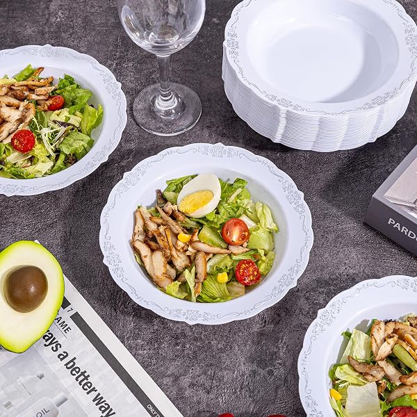 DAYAMMI 50 PACK PLASTIC BOWLS WITH SILVER RIM, 12OZ DISPOSABLE SOUP BOWLS,SILVER BOWLS DISPOSABLE HEAVY DUTY DINNER BOWL FOR WEDDING,PLASTIC SERVING BOWLS FOR PARTIES,DINNERS,CATERING AND EVERYDAY USE
