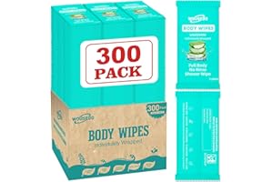 WOUSEDO 300 Pack Individually Wrapped Body Wipes (8" x 9.5"),No-Rinse Shower Wipe for Adults,Travel,Gym & Camping,Bulk Cleansing Wipes for Homeless