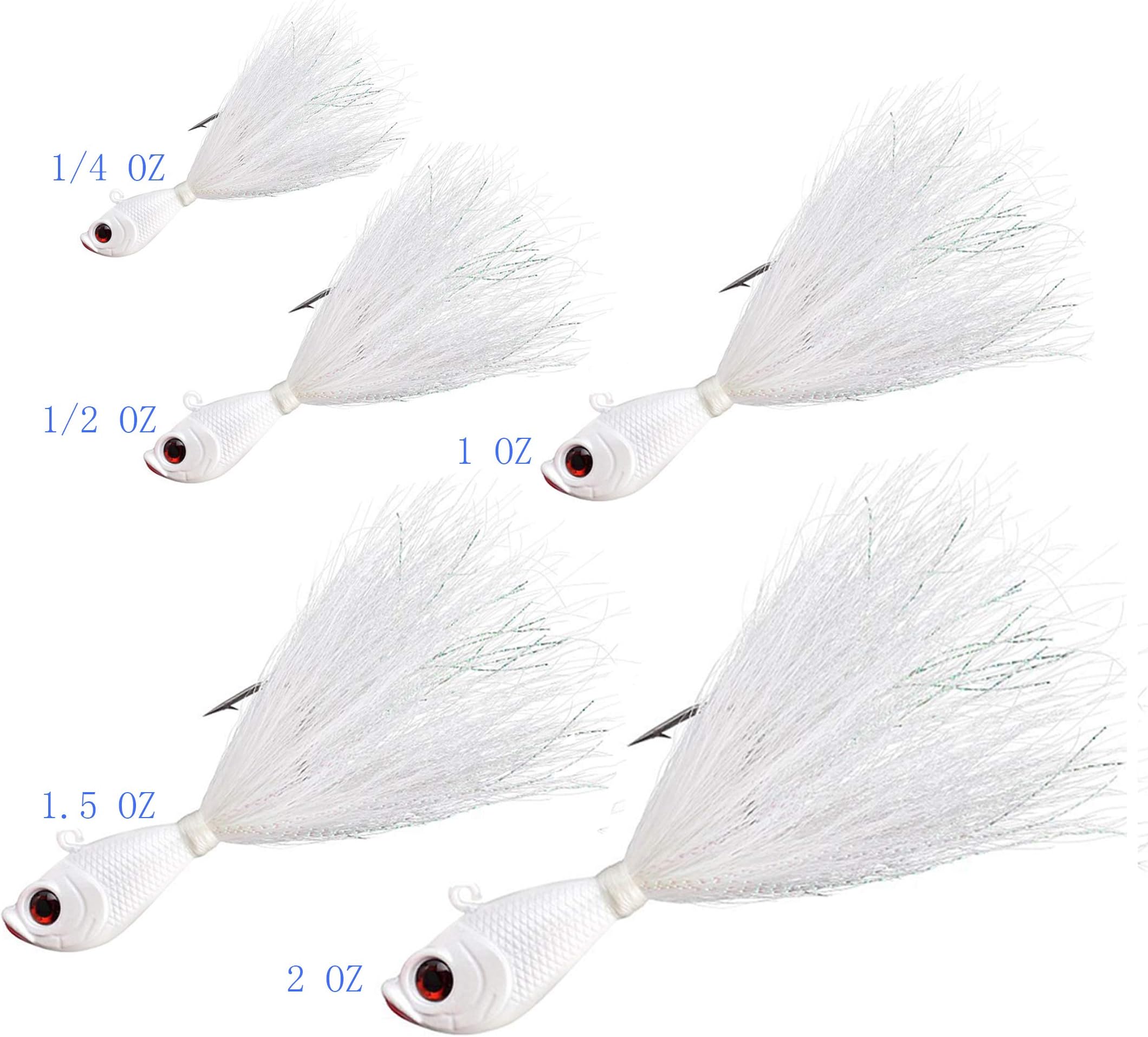 kmucutie Bucktail Jig Saltwater Freshwater Fluke Fishing Lure 5pcs Bucktail Jig 1/4 OZ,1/2 OZ,1 OZ,1.5 OZ,2 OZ