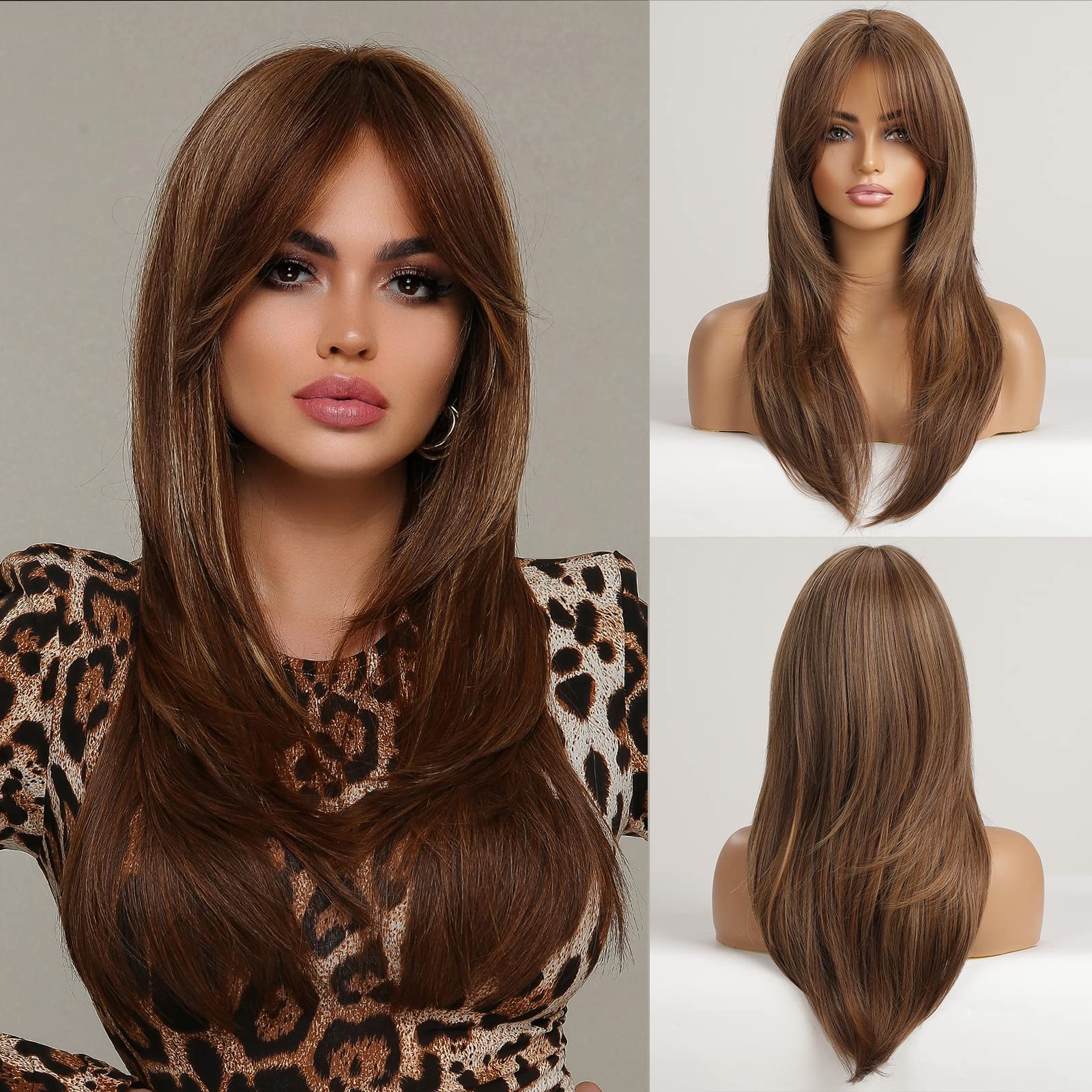 Photo 1 of EMMOR Brown Wigs for Women,Long Layered Wigs with Curtain Bangs Heat Resistant Synthetic Fibre Wigs(Brown with Blonde Highlight)