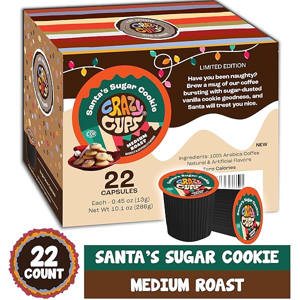 CRAZY CUPS FLAVORED COFFEE PODS – SANTA’S SUGAR COOKIE COFFEE, HOLIDAY BLEND, MEDIUM ROAST, SINGLE SERVE FOR KEURIG K-CUP MACHINES, 22 COUNT IN RECYCLABLE PODS
