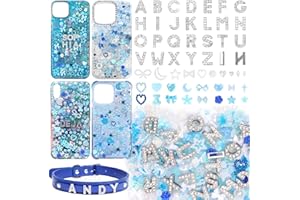ANOWER 330 Pcs Blue Junk Phone Case Charms 26 Pcs A-Z Rhinestone Alphabet Letter Charms, Mix Flower Bow Heart Pearls Flatback Resin Charms Letter Junk Cases Kit for DIY Crafts