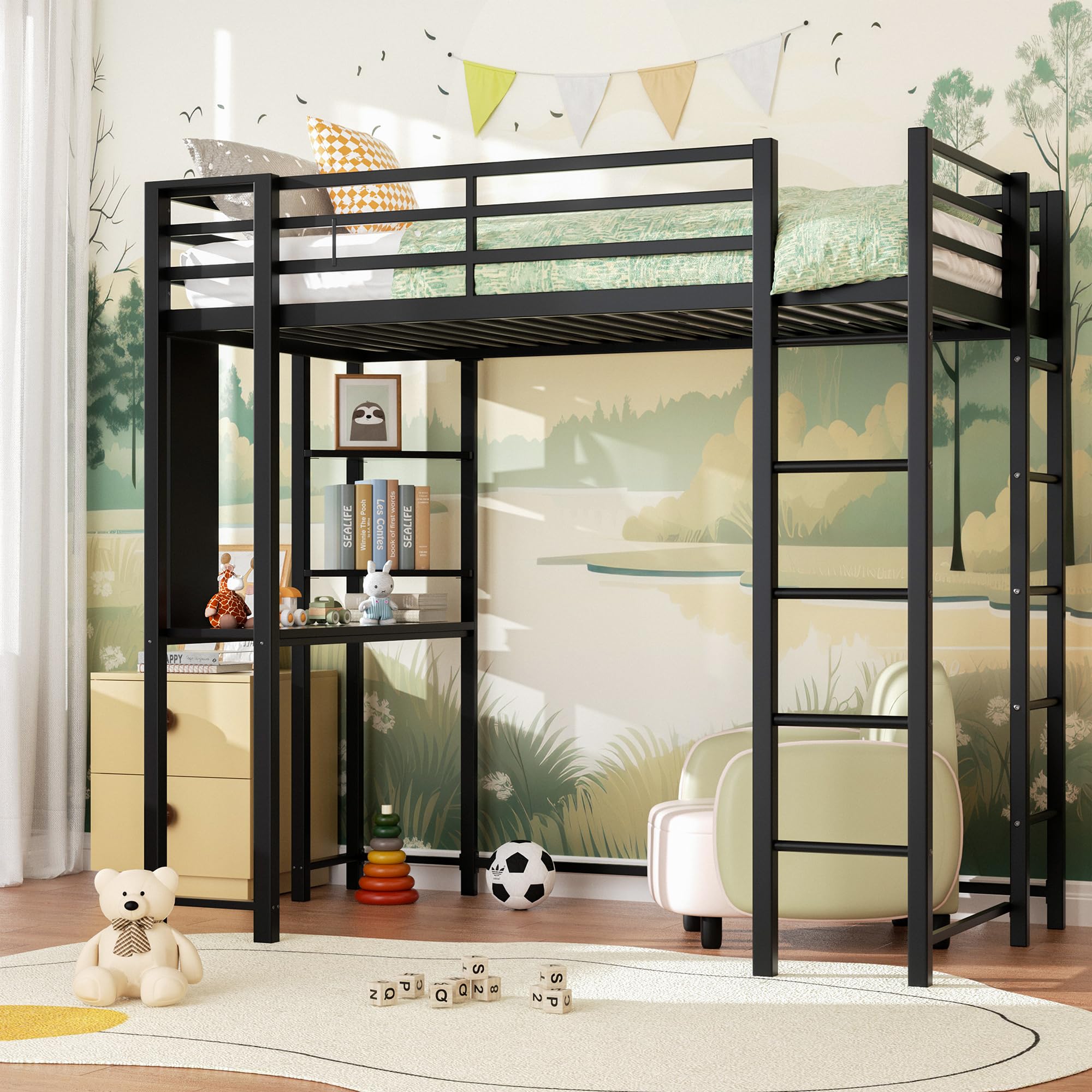 Photo 1 of **MISSING PARTS/check clerk comments**
 Twin Size Loft Bed with Desk, Metal Frame with 2 Side Ladders, Storage Shelves, Safety Guardrail, Noise Free & Anti-Tilt Design, Space-Saving for Kids/Teens/Adults, Black