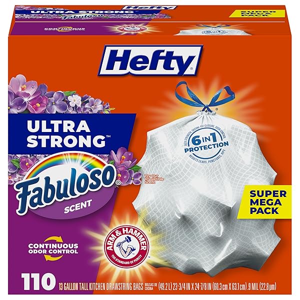 HEFTY ULTRA STRONG 13 GALLON TRASH BAGS, TALL KITCHEN TRASH BAGS 13 GALLON SIZE, RESIST LEAKS, PUNCTURES, AND RIPS, CONTINUOUS ODOR CONTROL, WHITE, FABULOSO SCENT, 110 BAGS