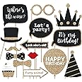 Fully Assembled Birthday Photo Booth Props. 30 Piece Box Set of Black & Gold Selfie Party Supplies and Decorations Kit with Real Glitter - Cute Bday Designs for Women - Did We Mention No DIY