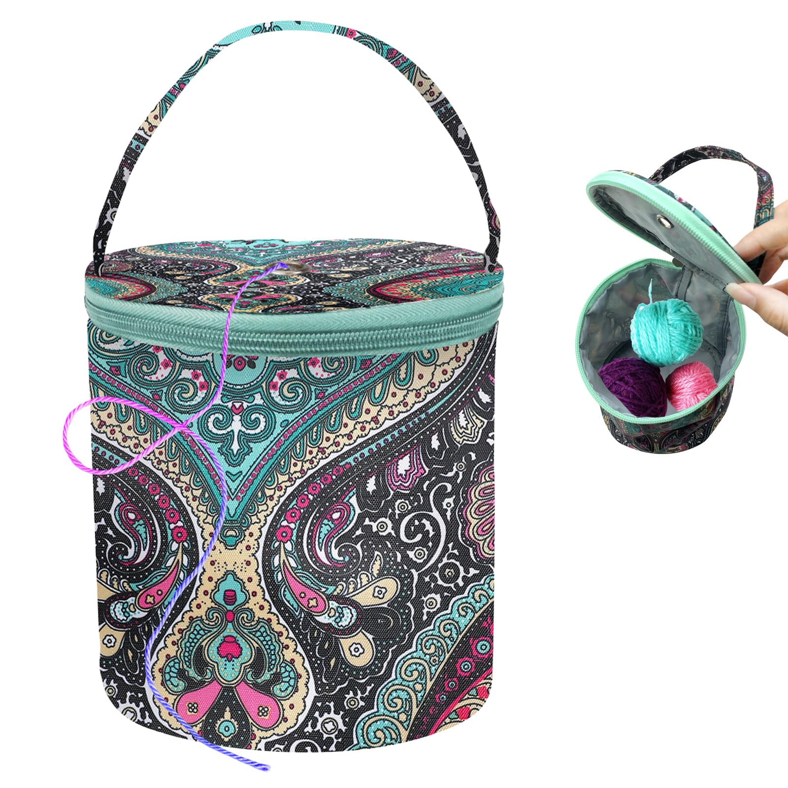 SwirlColor Knitting Bag, Small Size Printed Yarn Storage Portable Bag with Zipper Crochet Bag Organizer for Yarns Wool Needles, with A Ruler (Green)