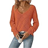 Floerns Women's Pointelle Knit Long Sleeve Sweater V Neck Fall Outfit Pullover Tops