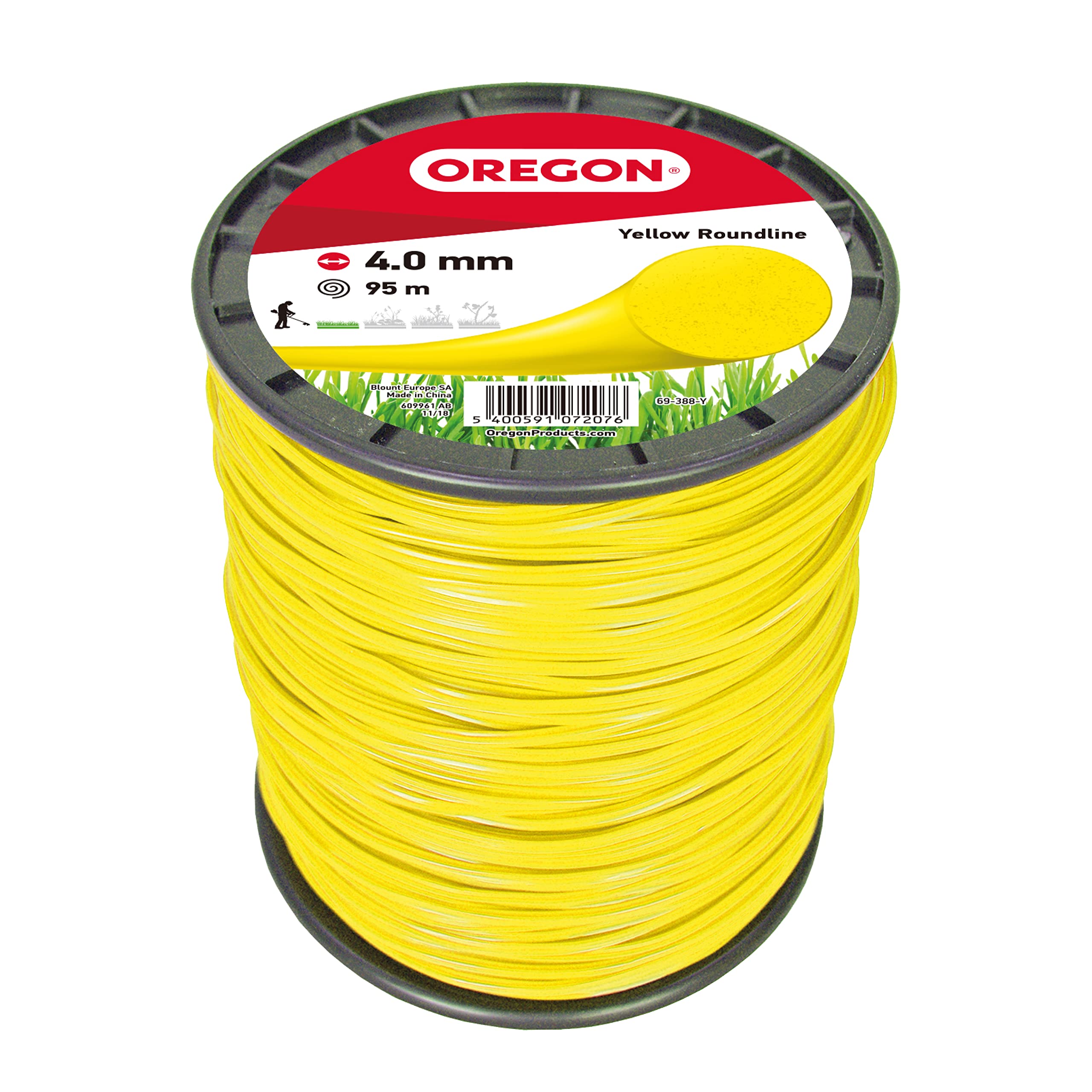 Oregon Yellow Round 4mm Strimmer Line, Trimmer Line Tackles Long Grass, Weeds, Edges & Thick Vegetation, Professional Heavy Duty Nylon Strimmer Wire, Fits Most Standard Models, 4.0mm x 95m (69-388-Y)
