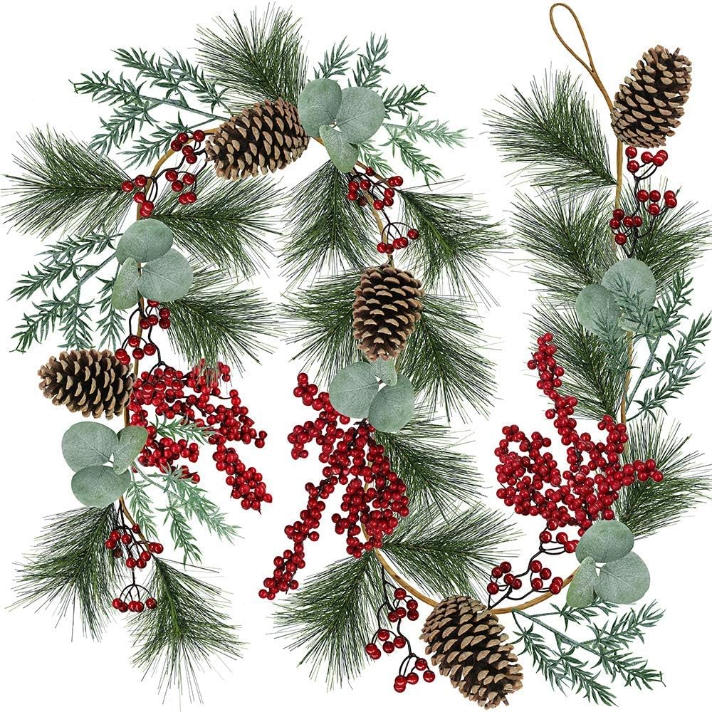 Wreaths, Garlands & Swags - 6' Long Christmas Artificial Pine Needle Garland Wired Rustic Twig Vine Birch Garland with Assorted Faux Red Berries Eucalyptus Leaves Natural Pine Cones Fir Sprigs Garland Holiday Season Winter Decor