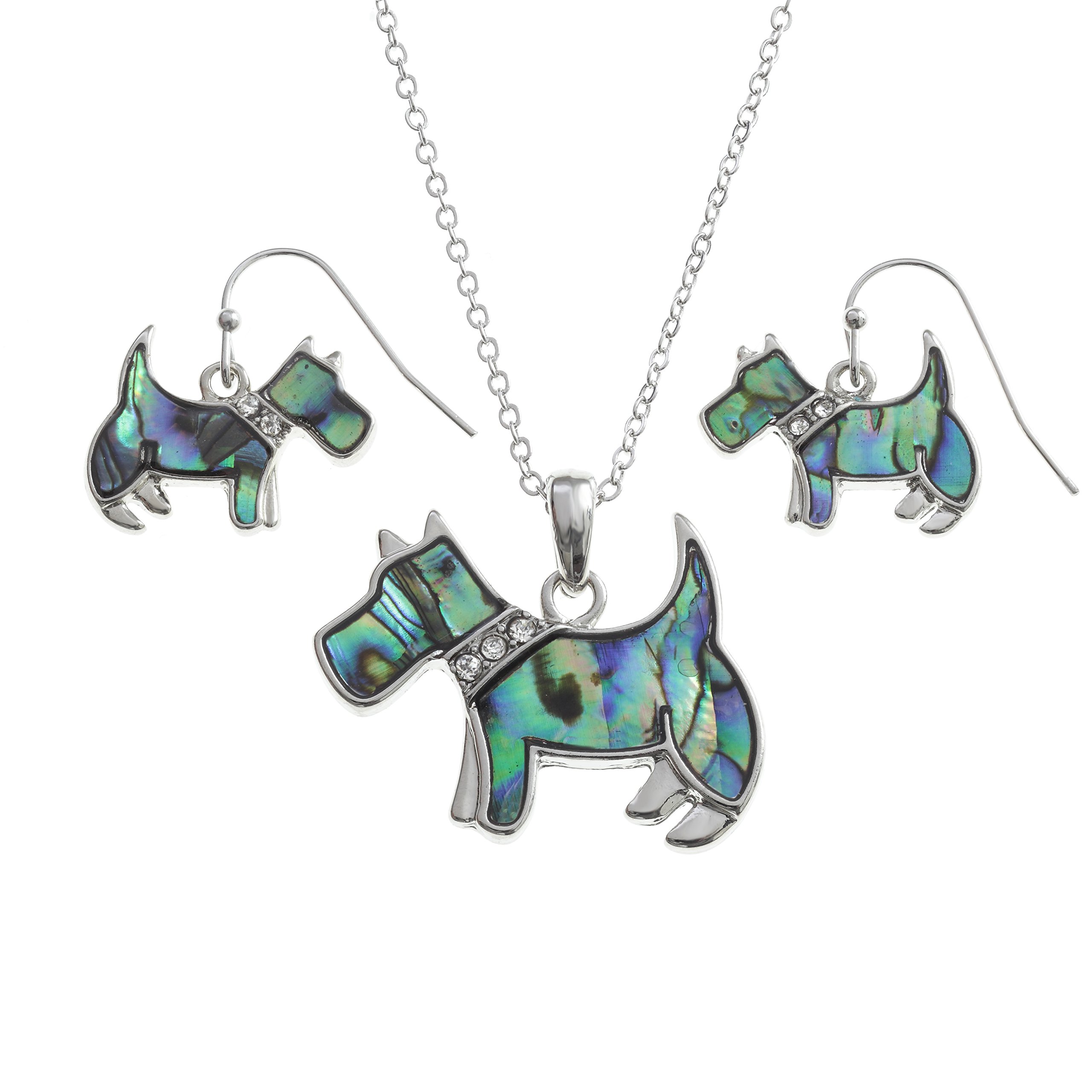 Kiara Jewellery Scottie Dog Boxed Set of Pendant Inlaid With Natural greenish blue Paua Abalone Shell on 18" Trace Chain Together With Matching Hypoallergenic Rhodium plated Earrings.
