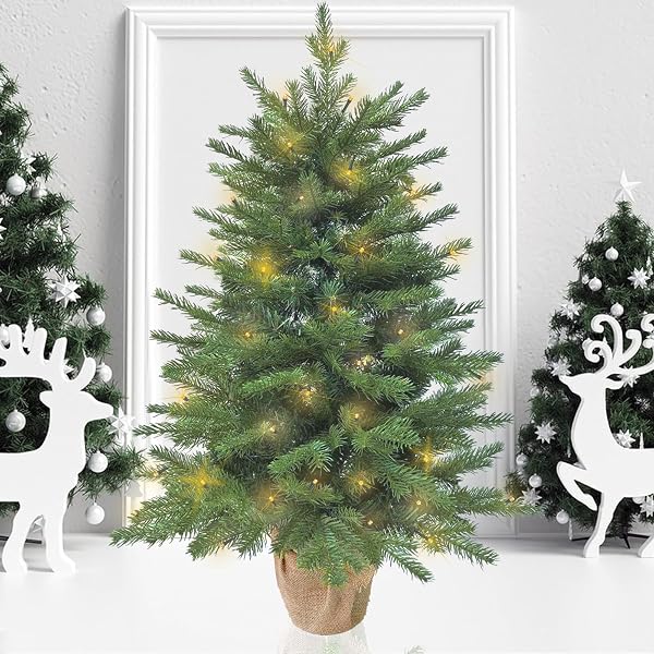 3FT PRE-LIT MINI FIR CHRISTMAS TREE,ARTIFICIAL PINE XMAS TREE,106 PE BRANCHES TIPS & 84 PVC BRANCHES TIPS & UL CERTIFICATION LED LIGHTS & BURLAP WRAPPED BASE FOR TABLETOP DESK,BATTERY OPERATED