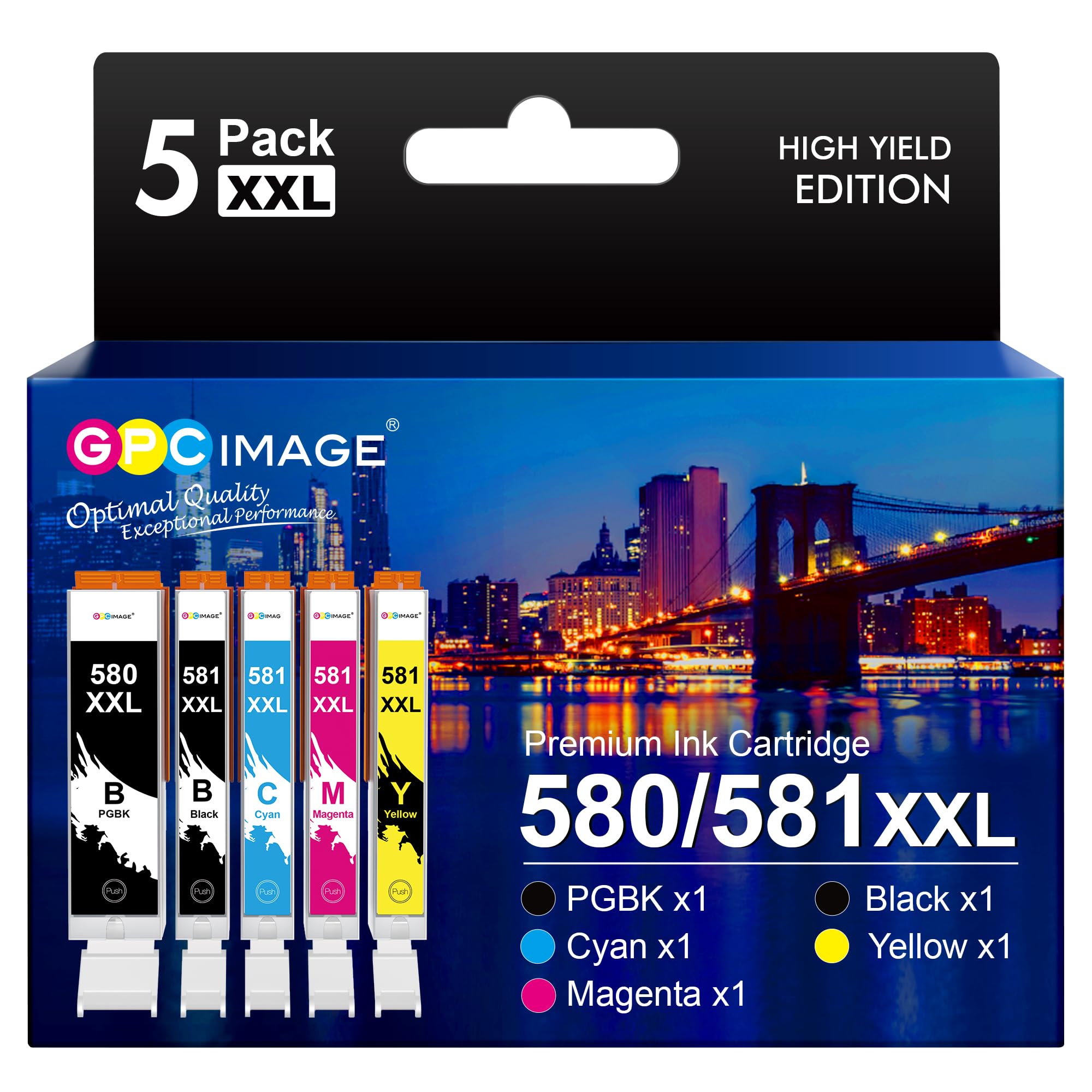 GPC Image 580 581XXL Ink Cartridges Compatible for Canon 580 & 581 Ink Cartridges for Canon PIXMA TS6350 TS6150 TS6250 TS705A TR8550 TS6151 TS6351 TS9550 TS9551 TR7550 TR7650 (PGBK/BK/C/M/Y, 5-Pack)