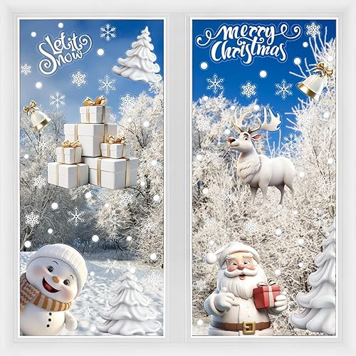 VEYLIN Xmas Window Clings Decoration, Christmas Window Stickers Static Snow Flakes Stickers Fancy Merry Christmas Window Decals for Christmas Window Display (8 Sheets)