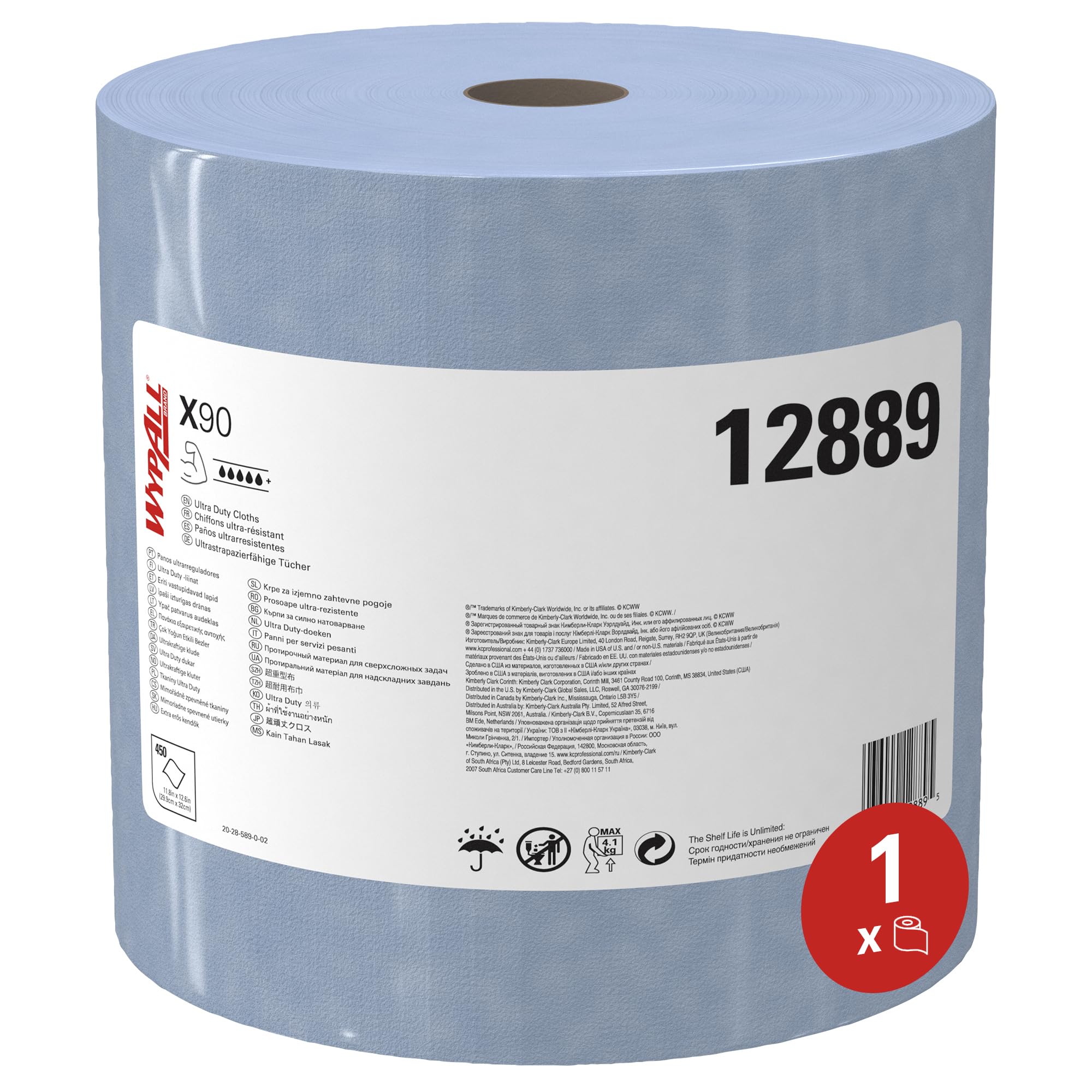 WypAll PowerClean X90 Cloths Ultra Duty Wipes, Jumbo (12889), Extended Use Towels, Blue (1 Roll of 450 Sheets, 450 Sheet Total)