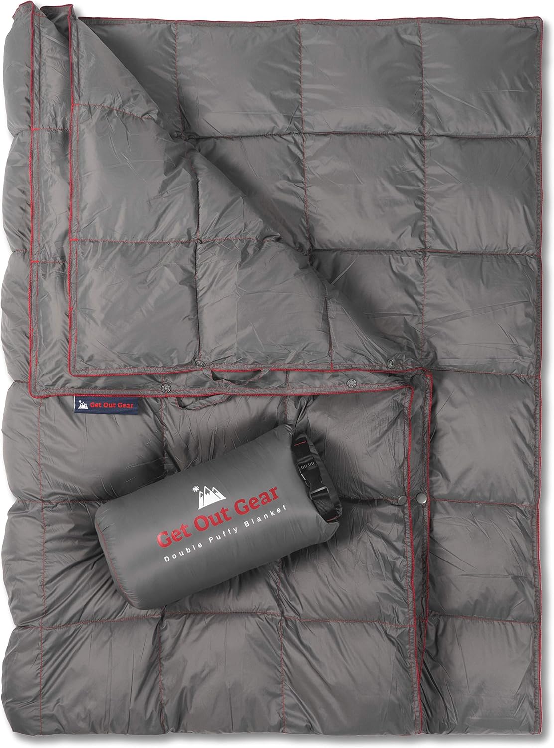 Get Out Gear Double Puffy Camping Blanket - Extra Puffy, Packable, Lightweight and Warm | Ideal for Outdoors, Travel, Stadium, Festivals, Beach, Hammock | Water-Resistant Camp Quilt (Gray/Burgundy): Kitchen & Dining