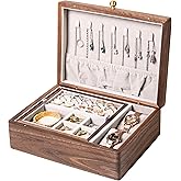 EURIELK Wooden Jewelry Box, Two Layer Medium Size Real Natural Solid Walnut Wood, Vintage Organizer with Earring Storage, Ring Compartments, Built in Necklace Hooks, Watch Cushions, ek16-m-grey