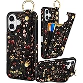 Petitian for iPhone 16 Wallet Case - Women Girls Cute Girly Aesthetic Unique Design Leather Credit Card Holder Cardholder Stand Wristband for iPhone 16, Grow Flower