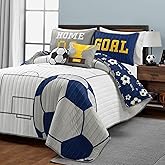 Lush Decor Soccer Game Reversible Quilt Quen Size 4 Piece Set Full/Queen White & Navy - Toddler Bedding Set Full Quilt - Sports Decor - Soccer Bedding