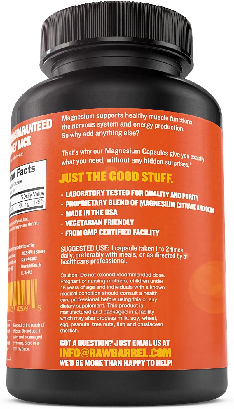 Raw Barrel's - Pure Magnesium Capsules - 500mg EXTRA STRONG Veggie Caps - SEE RESULTS OR YOUR MONEY BACK - 180 Pills, Unique Citrate & Oxide Formula - *FREE* digital guide: Health & Personal Care