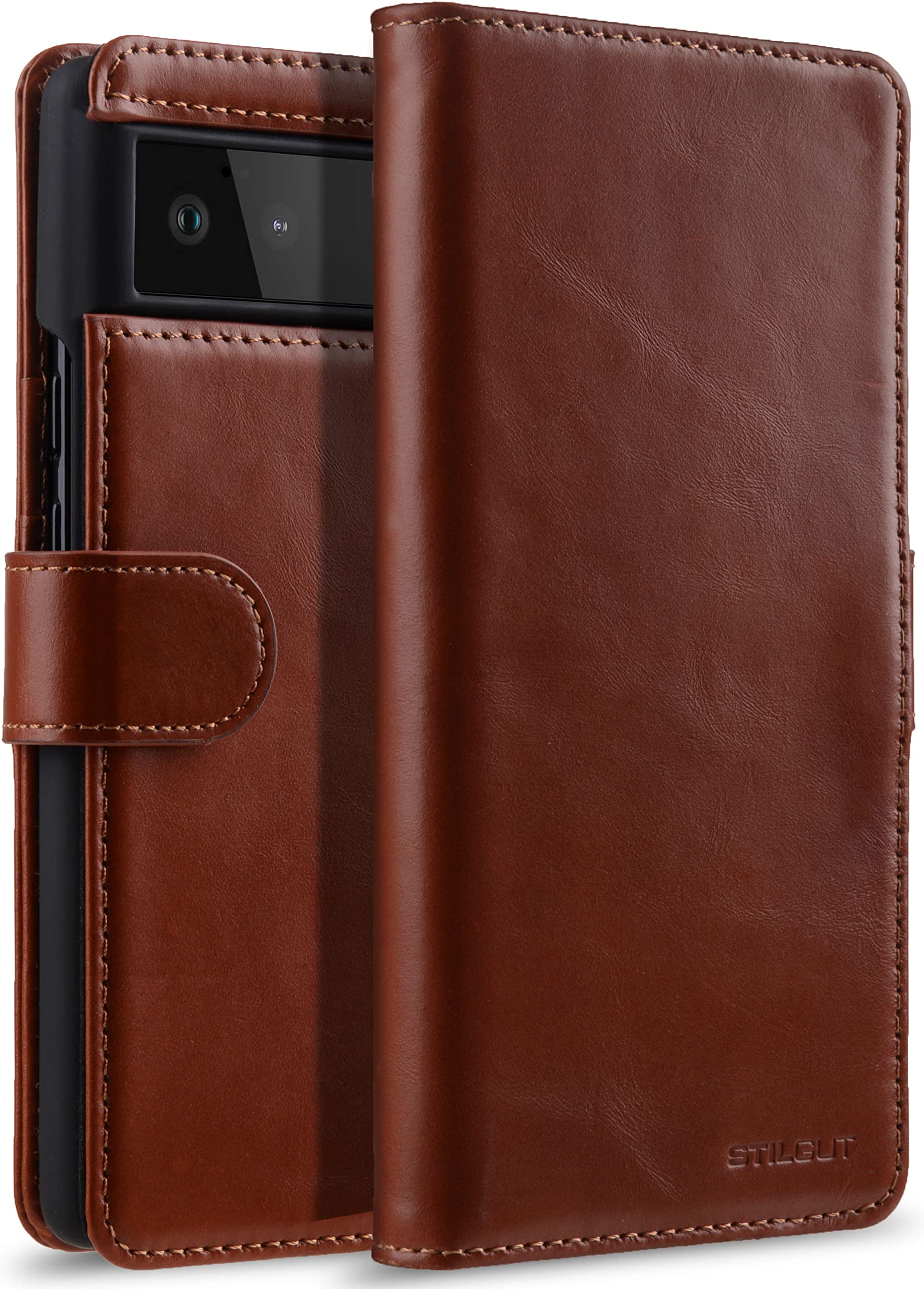 STILGUT Talis Compatible with Google Pixel 6 Case with Leather Card Slot, Flip Cover, Wallet Case, Leather Case with Compartments & Closure - Cognac