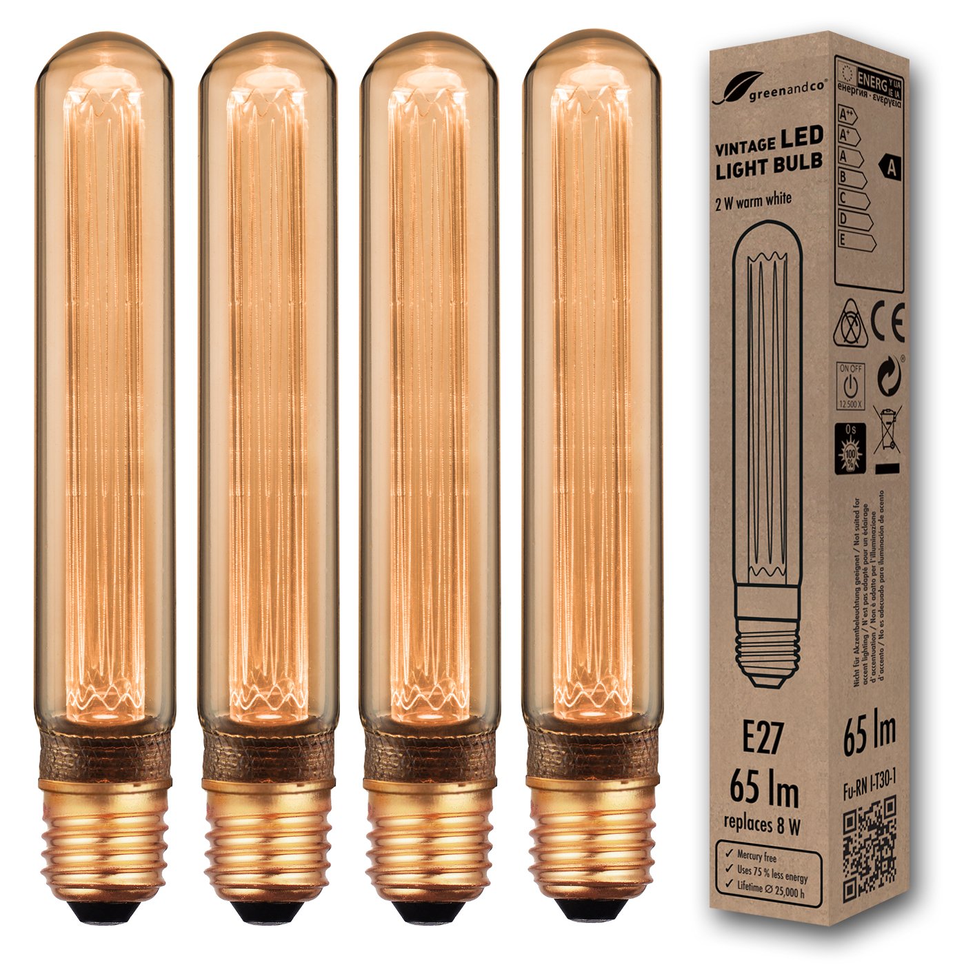 4X greenandco® E27 T30 LED Vintage Retro Filament Bulb Edison Style 2W